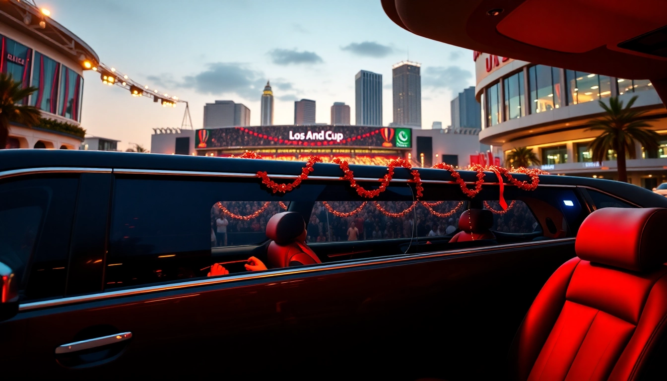 World Cup Group Transportation in a luxurious limousine at LA stadium with vibrant decorations.