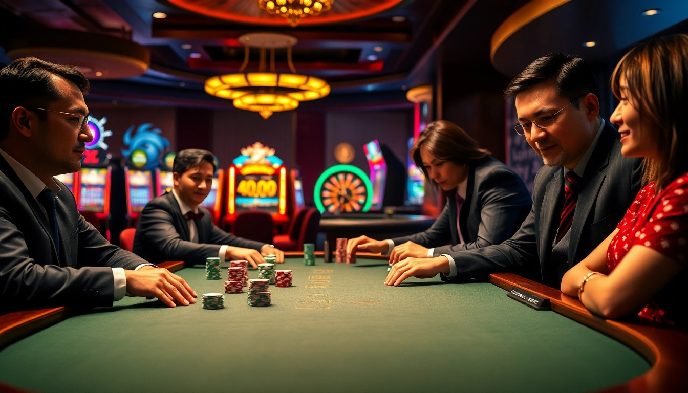 Noi in a vibrant casino atmosphere, engaging in a thrilling game with slot machines and poker chips, reflecting the keyword 'Nếu như vậy bám vào đây'.