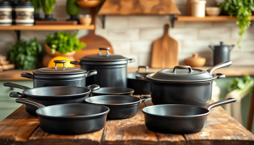 Showcase of cast iron cookware NZ features assorted skillets and Dutch ovens in a cozy kitchen setting.