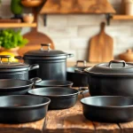 Showcase of cast iron cookware NZ features assorted skillets and Dutch ovens in a cozy kitchen setting.