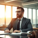 Engaging intellectual property lawyer reviewing documents in a vibrant office space.