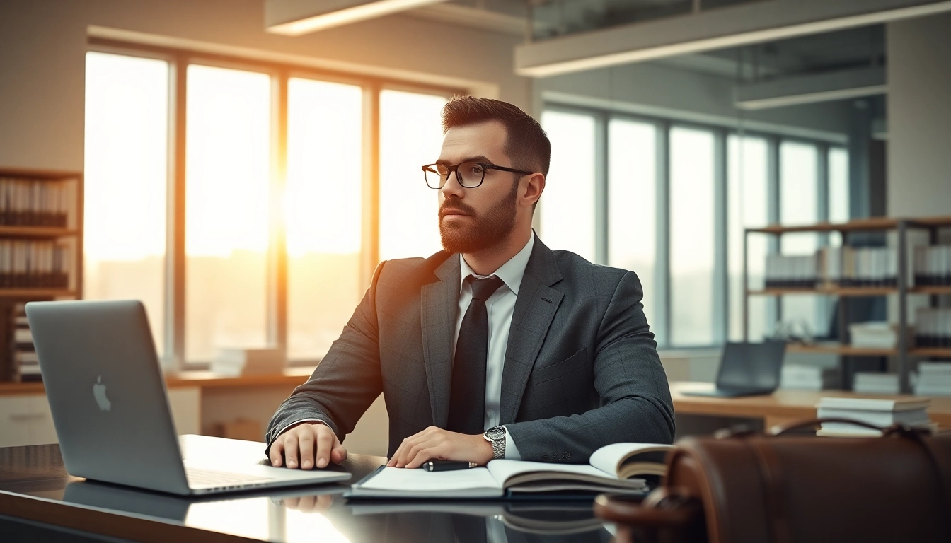 Engaging intellectual property lawyer reviewing documents in a vibrant office space.