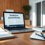 Tradutor juramentado workspace showcasing professional translation tools and documents.