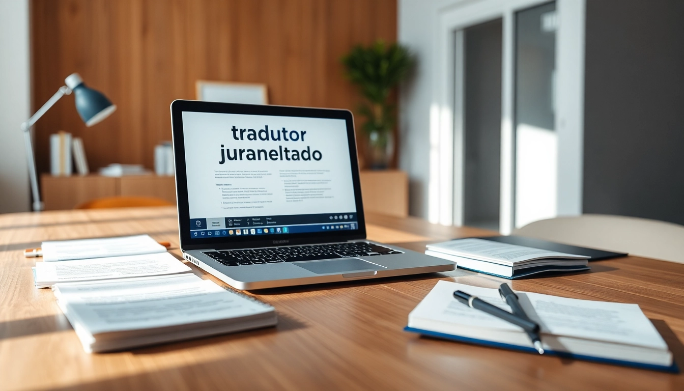 Tradutor juramentado workspace showcasing professional translation tools and documents.