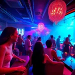 Experience nightlife at Club sxm with elegant patrons, vibrant lights, and captivating performances.