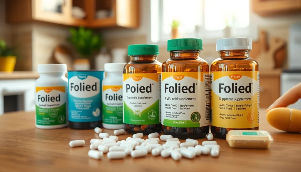 木製テーブルの上にラベル付きの葉酸サプリが並び、“葉酸サプリ おすすめ”と表示されている様子で、健康とウェルネスを促進します。