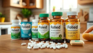 木製テーブルの上にラベル付きの葉酸サプリが並び、“葉酸サプリ おすすめ”と表示されている様子で、健康とウェルネスを促進します。