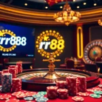 Exciting rr88 online casino scene featuring vibrant tables and spinning roulette wheel.