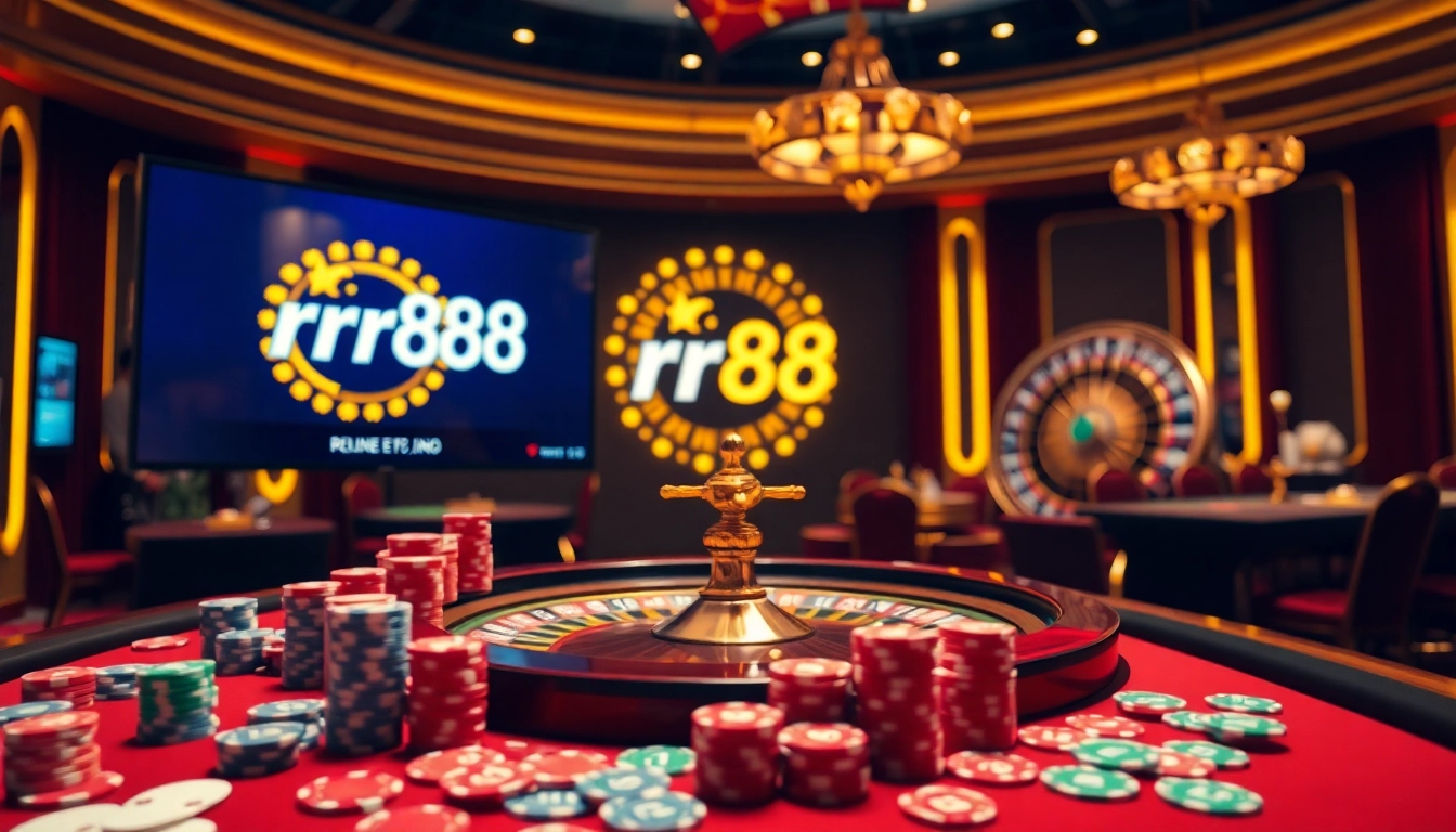 Exciting rr88 online casino scene featuring vibrant tables and spinning roulette wheel.