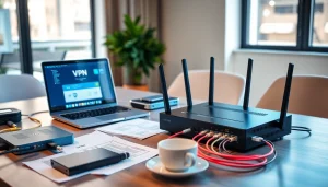 Explore the best vpn router uk in a modern office setting with multiple devices connected.