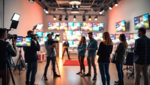 Showcase of a Creative Video Production Agency team collaborating in a modern studio.