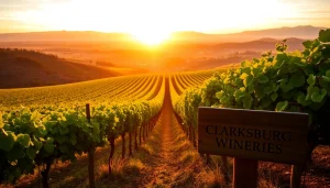 Explore the beauty of Clarksburg wineries among vibrant vineyards at sunset.