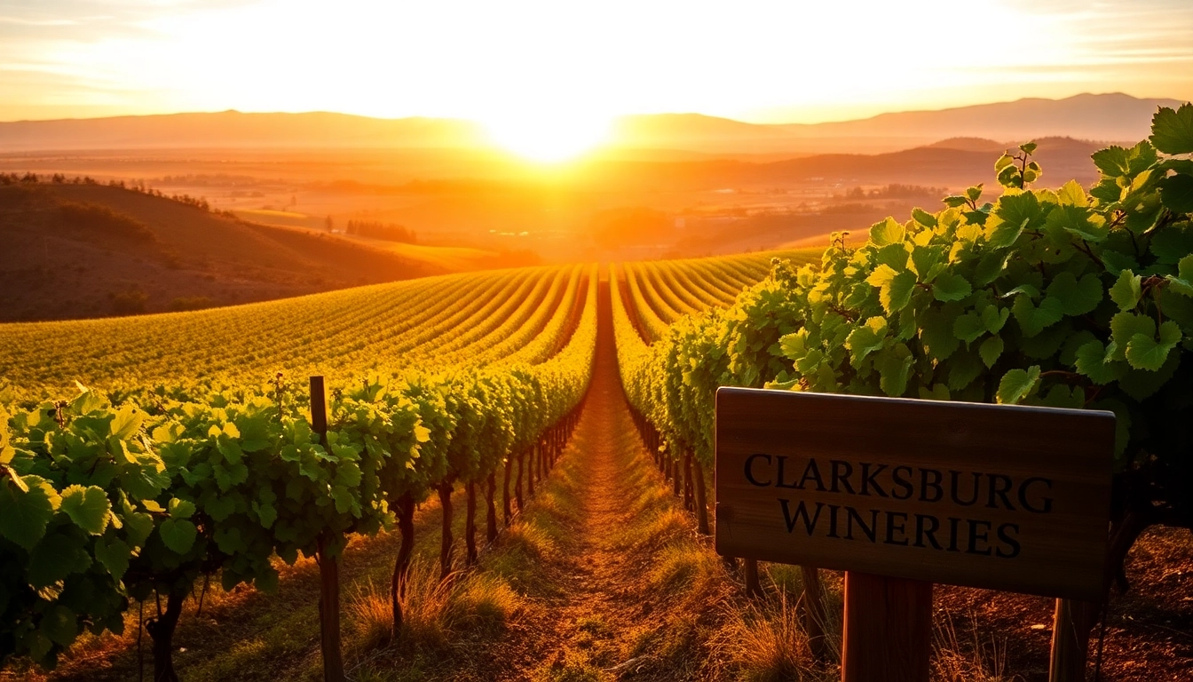 Explore the beauty of Clarksburg wineries among vibrant vineyards at sunset.