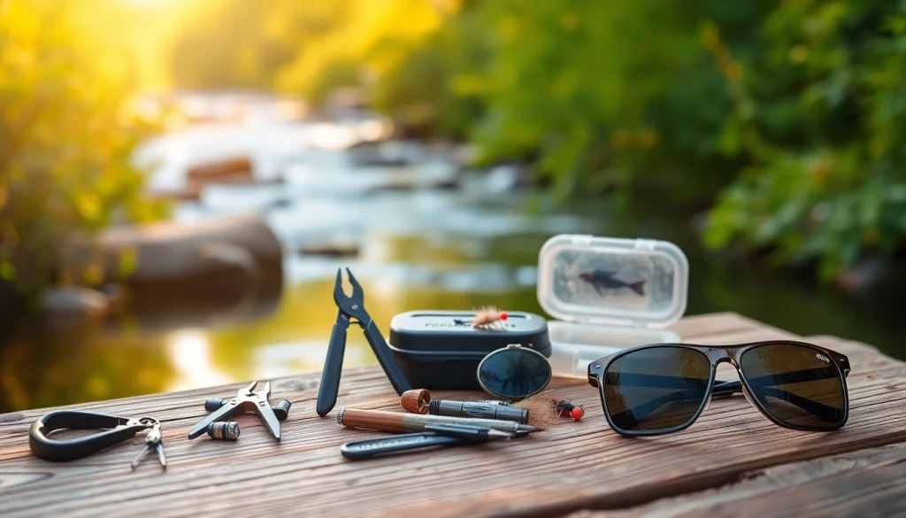 Showcase of fly fishing accessories including nippers and hemostats on a rustic table.