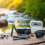 Showcase of fly fishing accessories including nippers and hemostats on a rustic table.