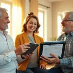 Showcase of Property Insurance Claims process with an agent assisting a homeowner in their living room.
