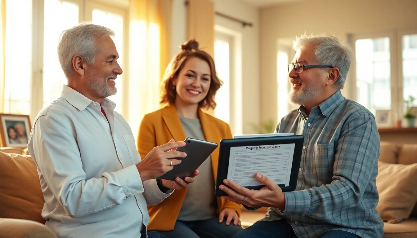 Showcase of Property Insurance Claims process with an agent assisting a homeowner in their living room.