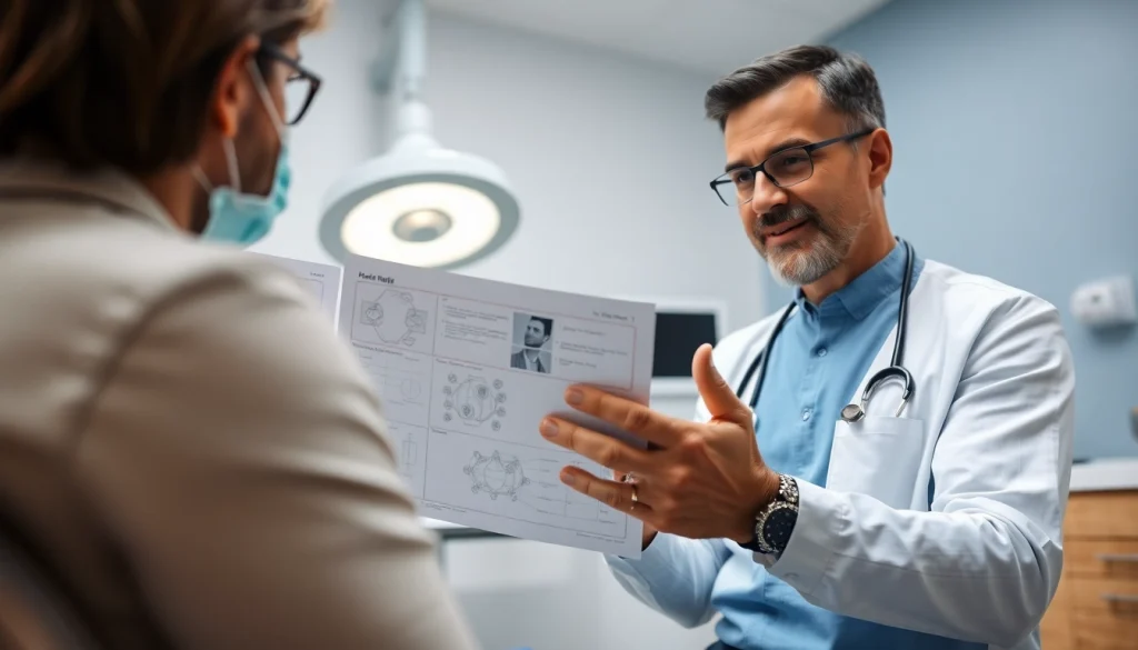 A qualified surgeon explaining hair transplant uk procedures in a clinic to a patient, creating a professional atmosphere.