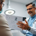 A qualified surgeon explaining hair transplant uk procedures in a clinic to a patient, creating a professional atmosphere.