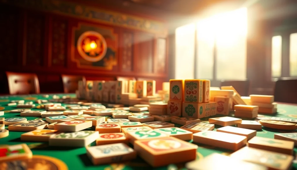 Bermain slot mahjong dengan antusias di meja yang dihiasi ubin berwarna-warni.