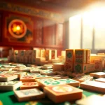 Bermain slot mahjong dengan antusias di meja yang dihiasi ubin berwarna-warni.