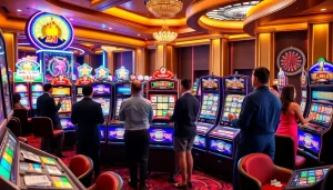 Players celebrating wins in the vibrant 슬롯커뮤니티 casino atmosphere surrounded by colorful slot machines.