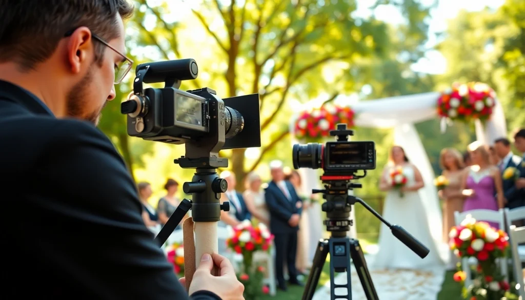 Videographer filming a wedding ceremony surrounded by guests and nature.