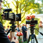 Videographer filming a wedding ceremony surrounded by guests and nature.