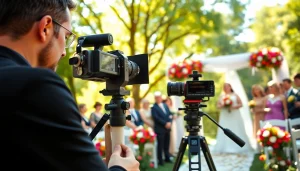 Videographer filming a wedding ceremony surrounded by guests and nature.