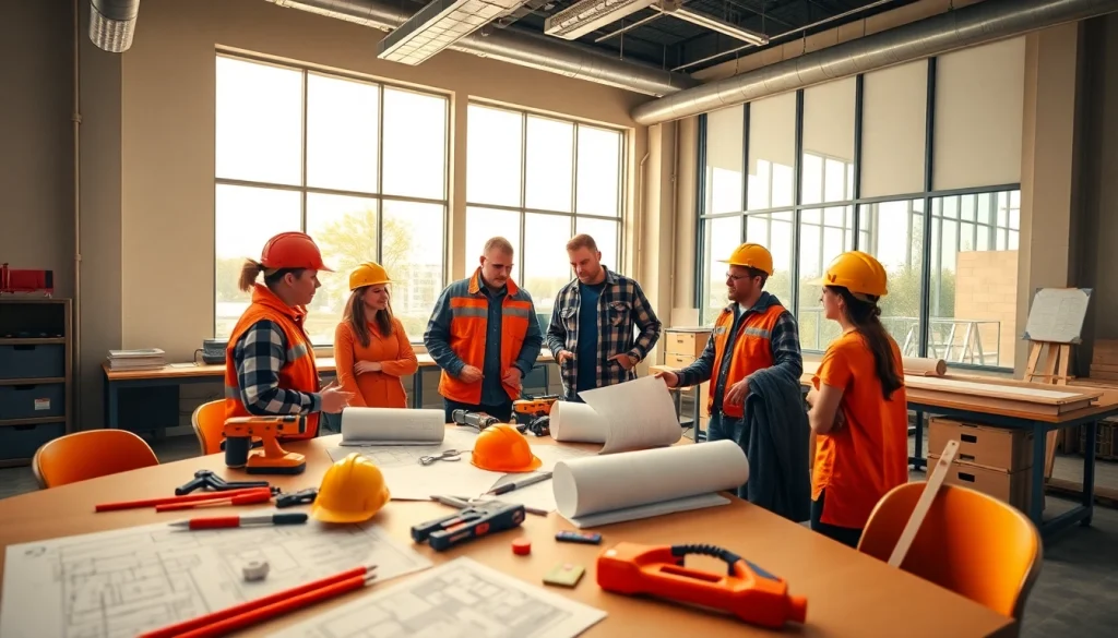 Showcasing Construction trade schools in texas, students actively engaged in collaborative learning with tools and blueprints.