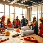 Showcasing Construction trade schools in texas, students actively engaged in collaborative learning with tools and blueprints.