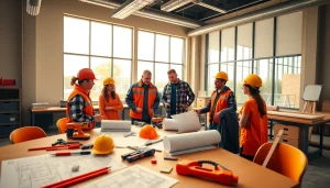 Showcasing Construction trade schools in texas, students actively engaged in collaborative learning with tools and blueprints.
