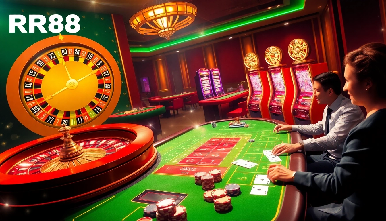 Players enjoying thrilling games at RR88 with vibrant slot machines and roulette tables.