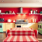 Retro appliances in a vibrant kitchen, featuring a vintage pastel refrigerator and stove.