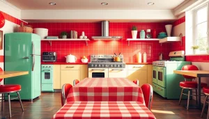 Retro appliances in a vibrant kitchen, featuring a vintage pastel refrigerator and stove.
