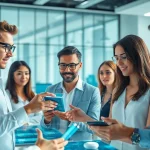 Showcasing Human Interface with AI where professionals engage with advanced technology in a modern workspace.