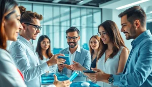 Showcasing Human Interface with AI where professionals engage with advanced technology in a modern workspace.