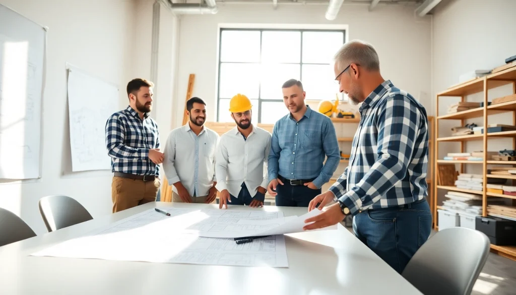 Builders collaborating on plans representing Texas association of builders in a modern office.