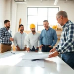 Builders collaborating on plans representing Texas association of builders in a modern office.