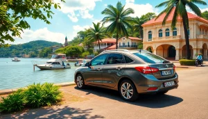Kuching rent car near a scenic waterfront, showcasing lush landscapes and colonial architecture.