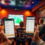 Engaged fans discussing sports betting Nova Scotia in a lively sports lounge.