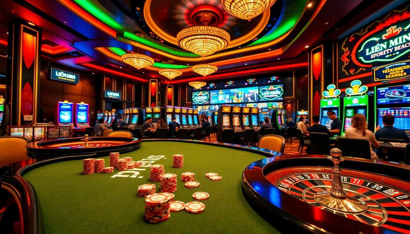 Liên Minh KJC casino scene with vibrant poker chips, roulette wheel, and immersive gambling atmosphere.