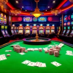 Exciting gaming action at https://rr88.wales/ with luxurious casino tables, gold decor, and dynamic slot machines.
