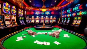 Exciting gaming action at https://rr88.wales/ with luxurious casino tables, gold decor, and dynamic slot machines.
