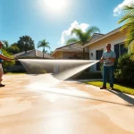 Pressure wash crew revitalizing a driveway and home in Kissimmee, showcasing professional exterior cleaning.