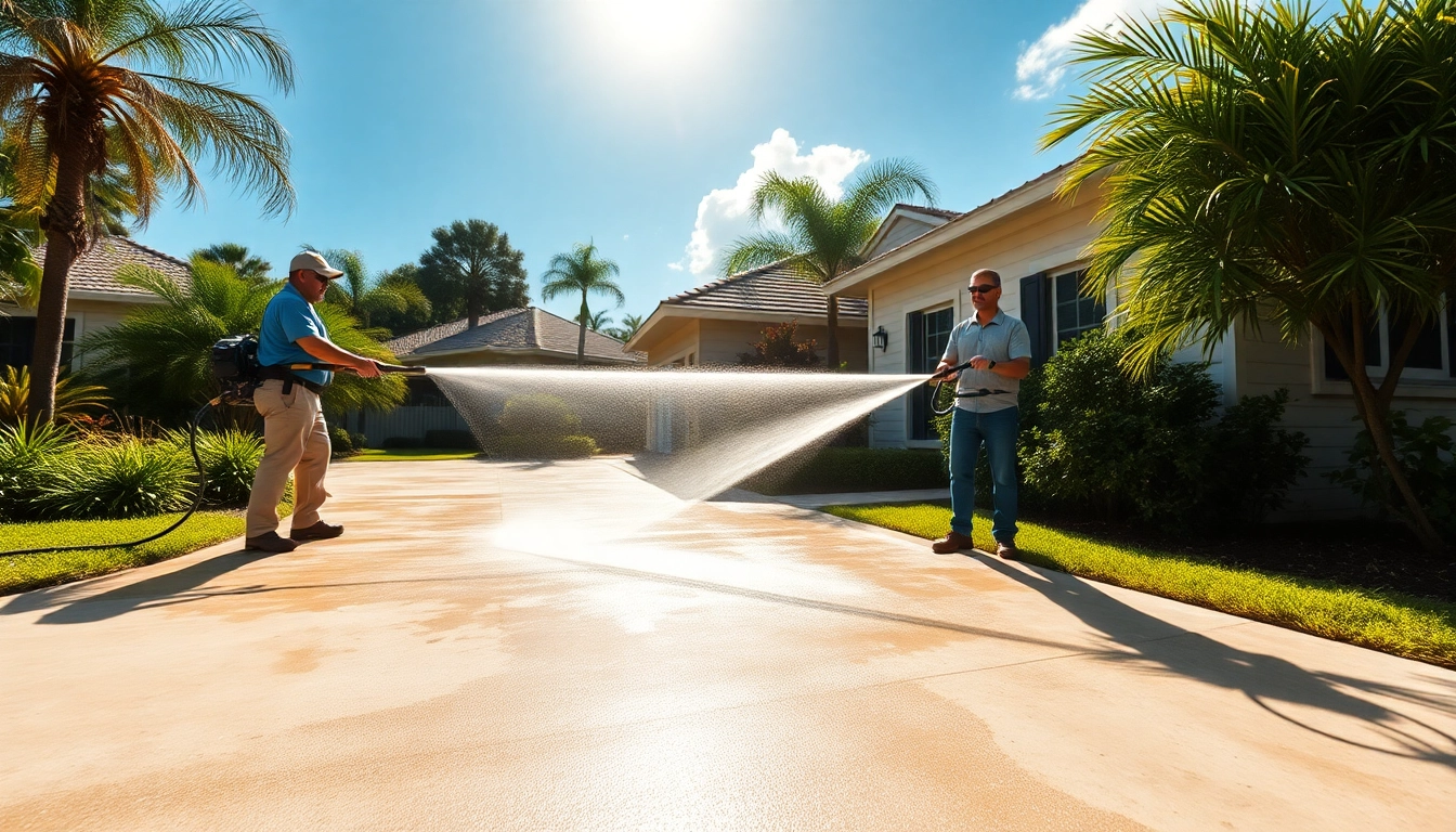 Pressure wash crew revitalizing a driveway and home in Kissimmee, showcasing professional exterior cleaning.