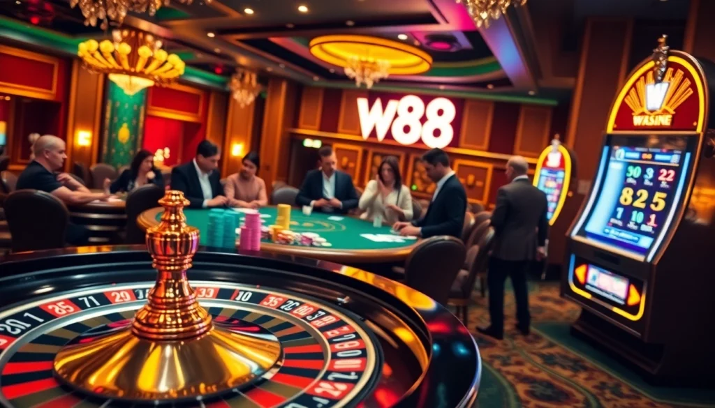 Trải nghiệm cảm giác hồi hộp với W88 qua các trò chơi casino sinh động, chips poker và bàn roulette.