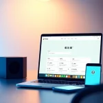 快连官网 interface displayed on a laptop in a modern workspace, symbolizing global connectivity and security.