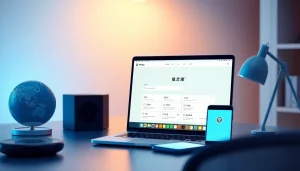 快连官网 interface displayed on a laptop in a modern workspace, symbolizing global connectivity and security.