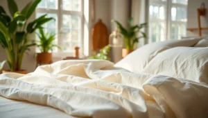 Linnen textiel in een warme, uitnodigende huiselijke setting met een focus op textuur.